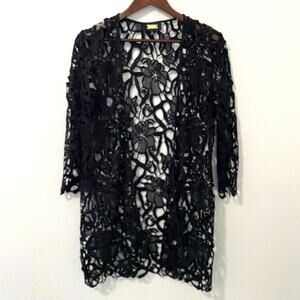 Alexia Admor Black Lace Kimono Cardigan Longline Open Front Small 3/4 Sleeve